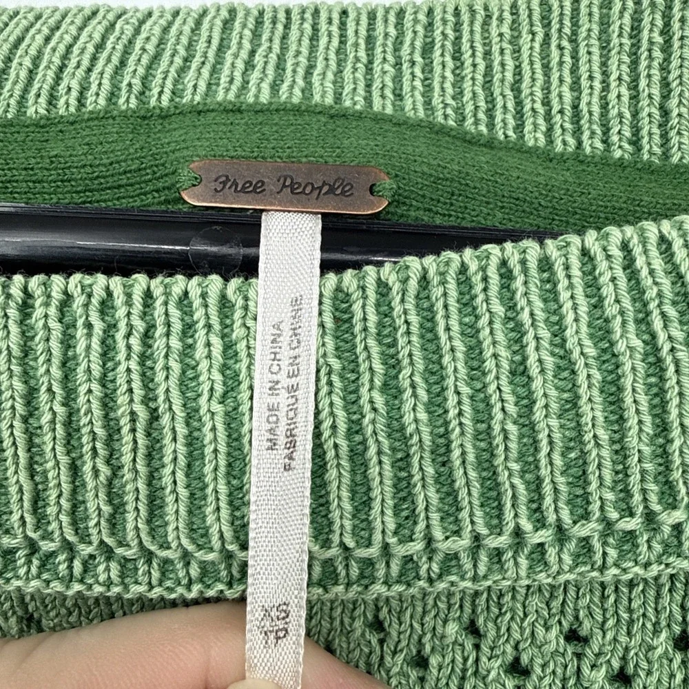 Free People Sandcastle Crop Eyelet Sweater Green Boatneck Knit Boho Preppy XS
